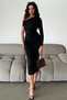 Women's One Shoulder Gathered Slit Detail Long Sleeve Satin Black Evening Dress Evening Gown Mdm1002