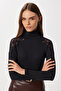 Lace Detailed Ribbed Knitted Blouse Len0049 Black