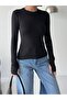 Women's Black Soft Touch Crew Neck Finger Detail Blouse