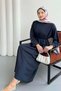 Crew Neck Waist Tied Long Tunic Dress 8904 - Navy Blue - 5