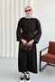 Crew Neck Waist Tied Long Tunic Dress 8904 - Black - 5