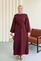 Crew Neck Waist Tied Long Tunic Dress 8904 - Burgundy - 4