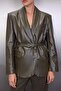 Khaki Belted Double-Breasted Faux Leather Woven Blazer Jacket TWOAW26BC00002 - 3