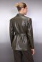 Khaki Belted Double-Breasted Faux Leather Woven Blazer Jacket TWOAW26BC00002 - 4
