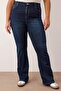 Koyu Mavi Yüksek Bel İspanyol Paça Flare Fit Denim Büyük Beden Jeans TBBAW26CJ00034 - 3