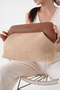 Heybes Women's Brown Leather Detailed Jute Clutch Handbag - 6