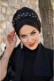 Black Stone Embroidered Evening Dress with Scarf Bonnet