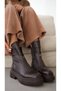 Mena Genuine Leather Blunt Toe Women's Boots with Zipper Accessories on the Front - Bitter Brown