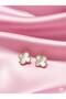 Gold Color White Stone Clover Model Women's Earrings - 2