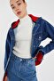 Women's Oversize Stoned Hooded Red Denim Coat - 2