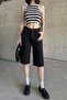 Women's High Waist Loose Knee Length Black Denim Shorts with Pockets