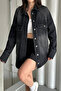 Women's Shabby Jeans Oversize Long Black Denim Jacket - 3