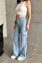 Women's Palazzo Ice Blue Denim Cargo Pocket Trousers - 3