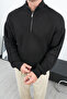 Zippered Black Stand Collar Basic Oversize Sweater - 5