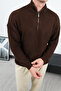 Zippered Brown Stand Collar Basic Oversize Sweater - 5