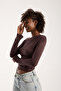 Women's Off-The-Shoulder Drawstring Detailed Brown Viscose Blouse - 4