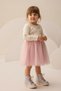 Girls' Bow Printed Collar Detail Tulle Dress