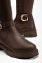 Women's Dark Brown Matte Leather Buckle Detail Back Stretch Boots - 4