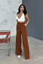 Light Brown Pleated Fabric Palazzo Trousers - 6