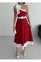 One Shoulder Belted Women's Midi Evening Dress Red Dress with Bow Detail Stylish Design - 6