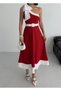 One Shoulder Belted Women's Midi Evening Dress Red Dress with Bow Detail Stylish Design - 7