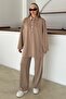 Shirt Collar Premium Knitted Fabric Tunic Pants Set Kamel 9374-Tk