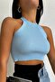 Blue Neck Tie Knitwear Crop Blouse 7012 - 4