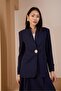 Navy Blue Loose Cut Button Detailed Woven Blazer Jacket - 8