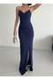 Scuba Fabric Strap Stone Detail Thin Strap Slit Evening Dress Navy Blue - 6