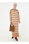 Stripe Detailed Turtleneck Knitwear Hijab Dress - Camel