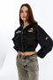 Women's Printed Hooded Denim Jacket Front Large Two Pockets Waist and Sleeve Elastic Bomber Coat Jacket - 3