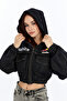 Women's Printed Hooded Denim Jacket Front Large Two Pockets Waist and Sleeve Elastic Bomber Coat Jacket - 4
