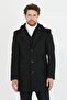 Men's Black Hooded Long Cashmere Coat with Zipper and Buttons on the Front - 3
