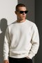 White Men's Crew Neck Oversize Thick and Soft Textured Basic Sweatshirt with Fleece Inside - 6
