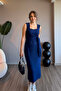 Square Neck Side Tie Modal Navy Blue Midi Dress - 2