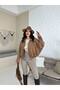 Women's Zippered Shoulder Zipper Detailed Suede Jacket Camel - 5