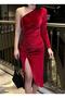 Asymmetrical Neckline Gathered Slit One Sleeve Midi Length Dress Evening Dress 582247 Red - 4