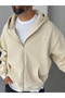 Beige Waffle Zippered Hooded Sweatshirt Hm-0012 - 5
