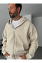 Beige Waffle Zippered Hooded Sweatshirt Hm-0012 - 4