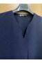 Women's Navy Blue Seersucker Fabric Pleated V-Neck Plus Size Mom Blouse - 6