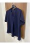 Women's Navy Blue Seersucker Fabric Pleated V-Neck Plus Size Mom Blouse - 8