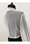 Women's Ecru Tulle Fabric Front-Tied Balloon Sleeve Bolero Blouse - 6