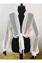 Women's Ecru Tulle Fabric Front-Tied Balloon Sleeve Bolero Blouse - 7
