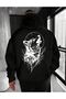 Back Wolf Print Detailed Fleece Lined Hooded Sweatshirt