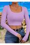 Women's 3-Pack Cotton Body-Hugging Ribbed Fabric Square Neck Long Sleeve Crop Blouse - 2