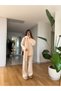 Women's Cream Hair Braided Scarf Sweater Pants Triple Knitwear Set