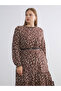 Lcw Modest Brown Ruffled High Neck Patterned Layered Dress with Belt - 2