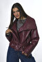 Women's Faux Leather Raglan Sleeve Coat - 3