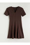 Brown Collarless Dress with Waist Tie - 5