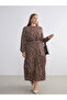 Lcw Modest Brown Ruffled High Neck Patterned Layered Dress with Belt - 6